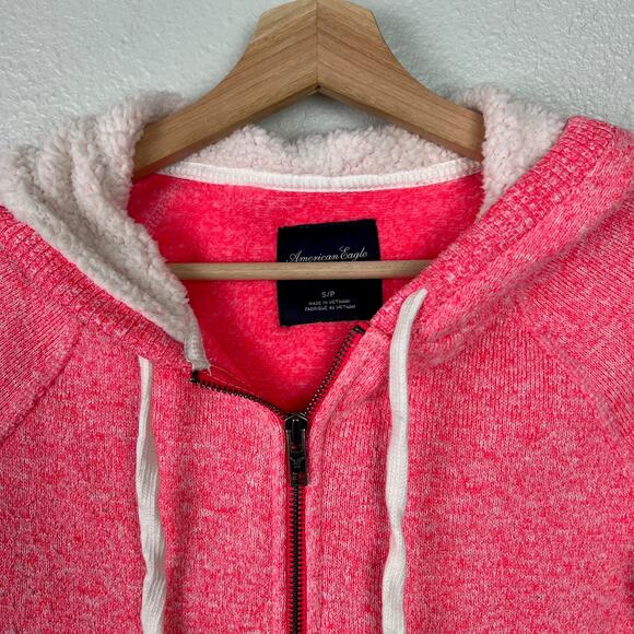 American Eagle Outfitters Small Fleece Lined Full Zip Sweater Hoodie Bright Pink - Picture 2 of 12